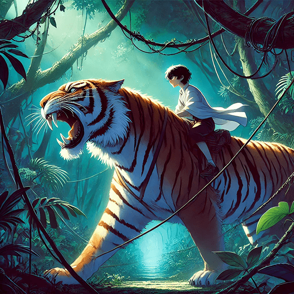 a woman riding a tiger in a jungle 騎虎難下