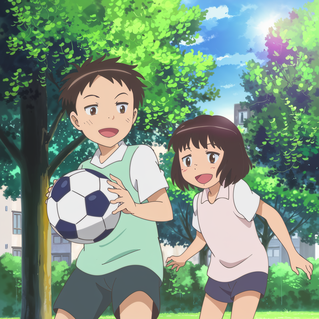 an anime drawing. A scene depicting two young children, a boy and a girl, playing together in a park setting. The boy is holding a soccer ball, while the girl has a playful, carefree expression. They are surrounded by lush trees and soft sunlight filtering through the branches, 青梅竹馬